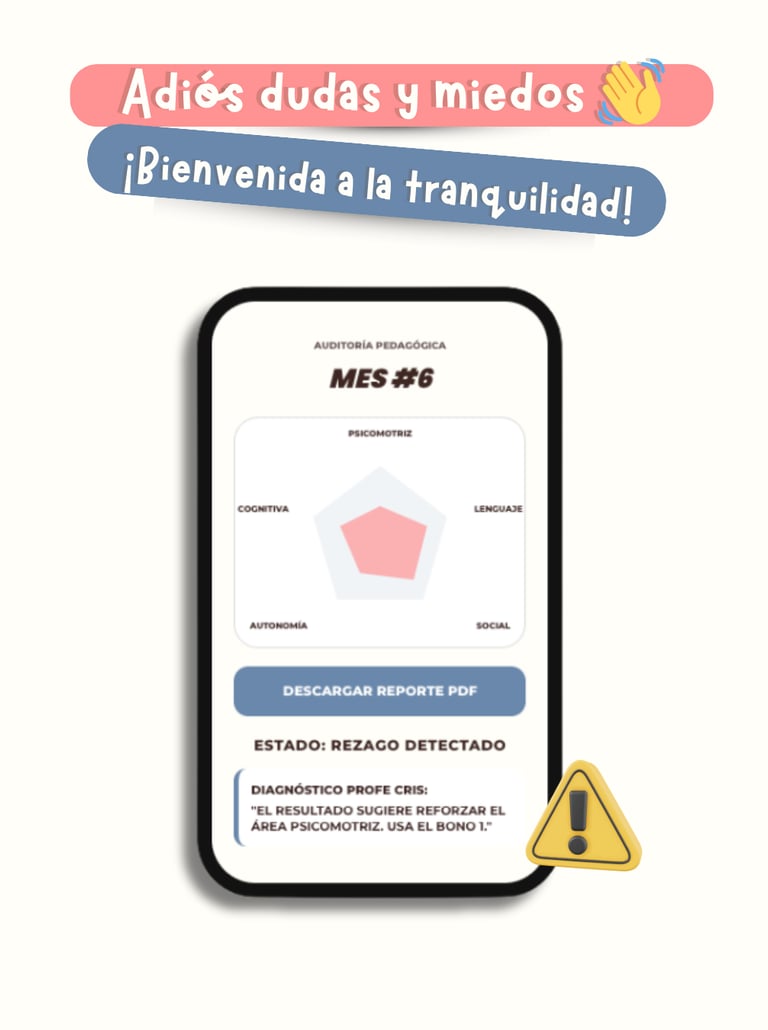 A mobile app showing a child development pentagon chart and pedagogical audit report with a warning alert.