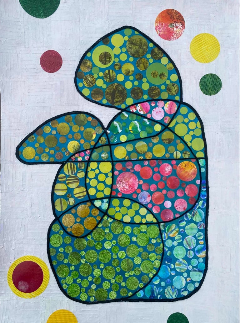 Collage sur papier turquoise vert rose