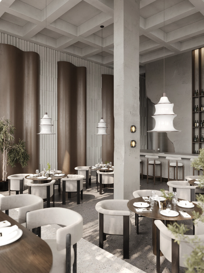 a restaurant with a large table and chairs