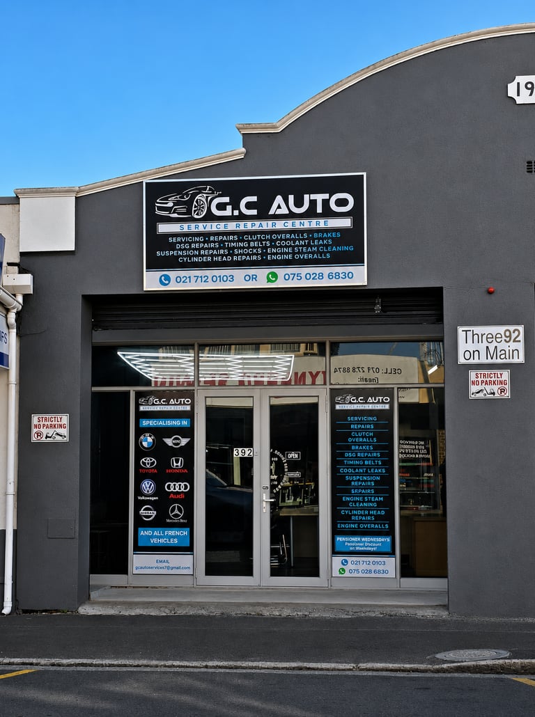 Exterior of G.C Auto Service Repair Centre building showing shop signage for engine repairs and car servicing.