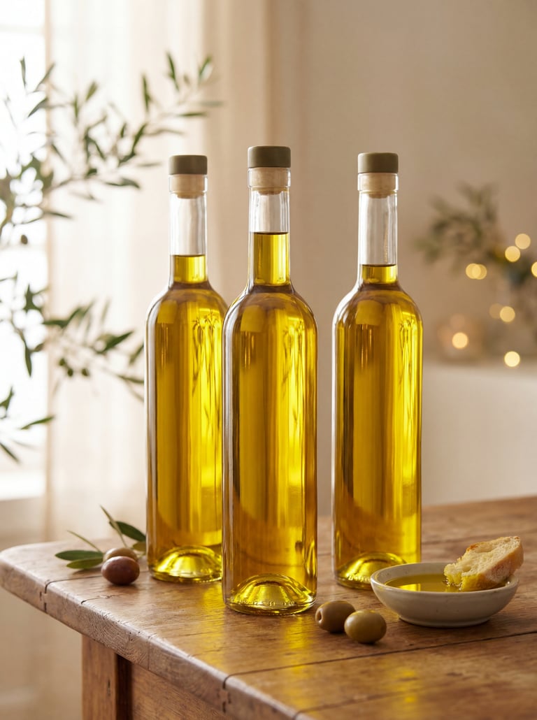 Three glass bottles of golden extra virgin olive oil on a rustic wooden table with fresh olives and bread.