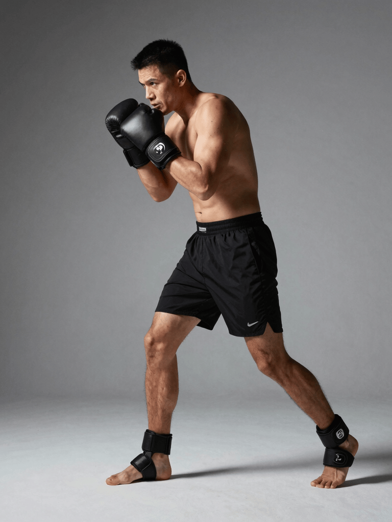 A boxer in a dimly lit gym, shadowboxing with synetiq sensors visible on wrists and ankles.