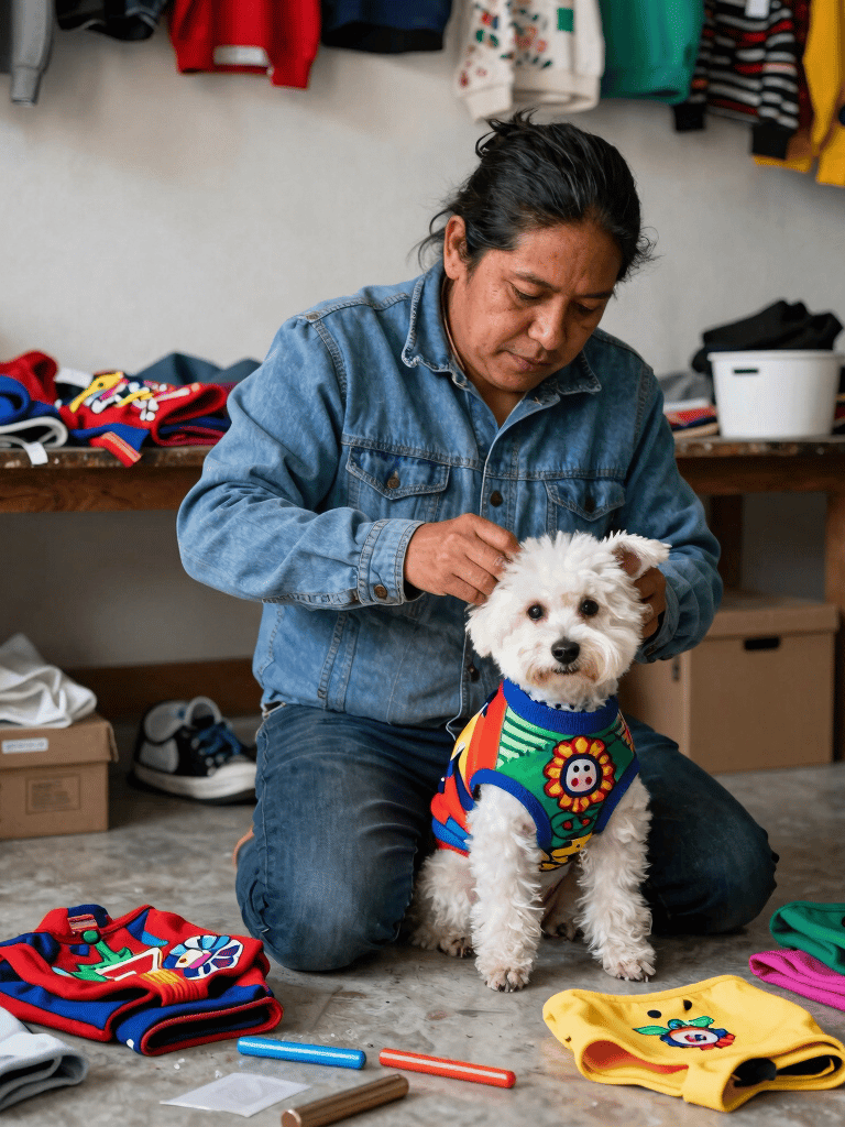Una persona con una chaqueta vaquera le está poniendo un suéter colorido a un perrito blanco