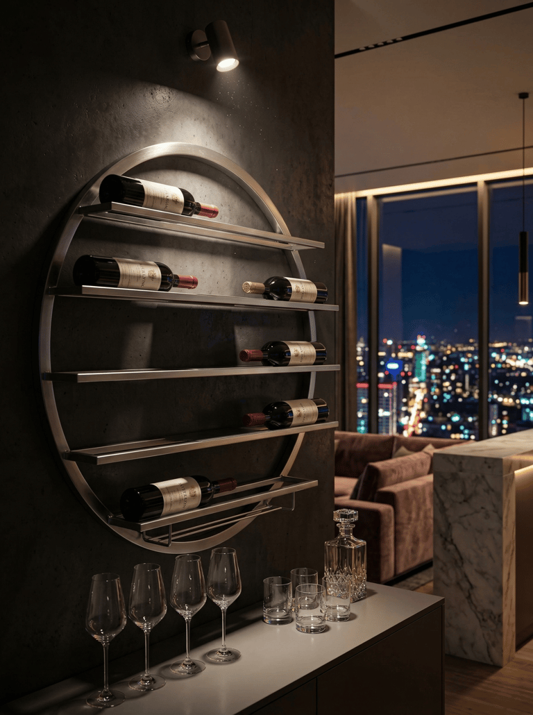 Modern circular wall-mounted wine rack with wine bottles and glasses in a luxury penthouse interior.