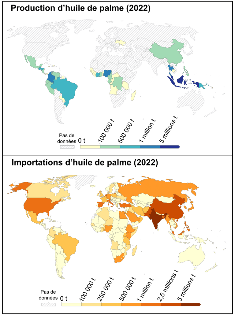Cartes mondiales de la production et des importations d'huile de palme par pays
