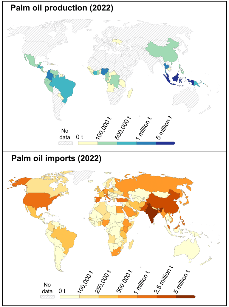 Global maps of palm oil production and imports by country