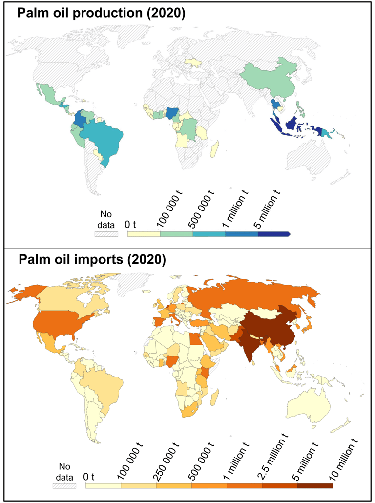 Map of palm oil producing and importing countries worldwide