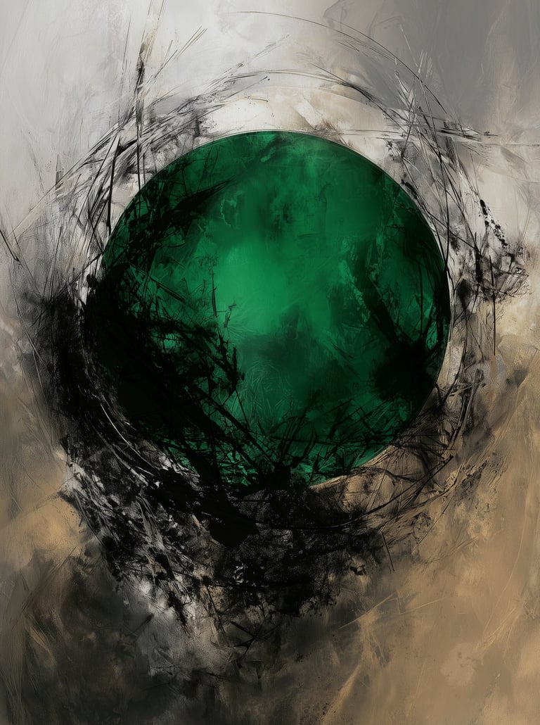 Self-control abstract wall art print, black textured composition with deep green modern painting