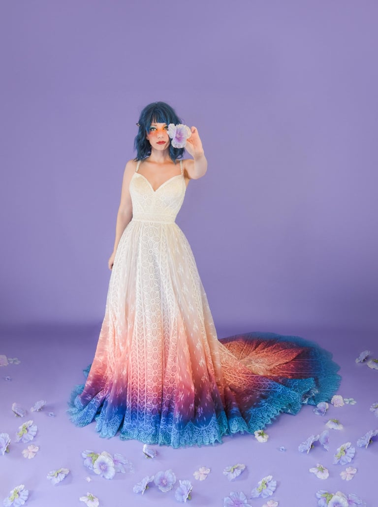Woman in Boho wedding dress with a sunset ombre dip dye.