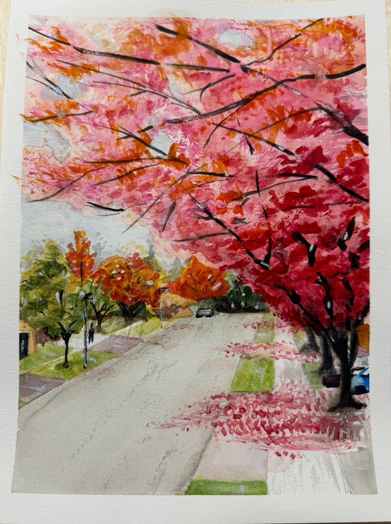a painting of a tree with red flowers