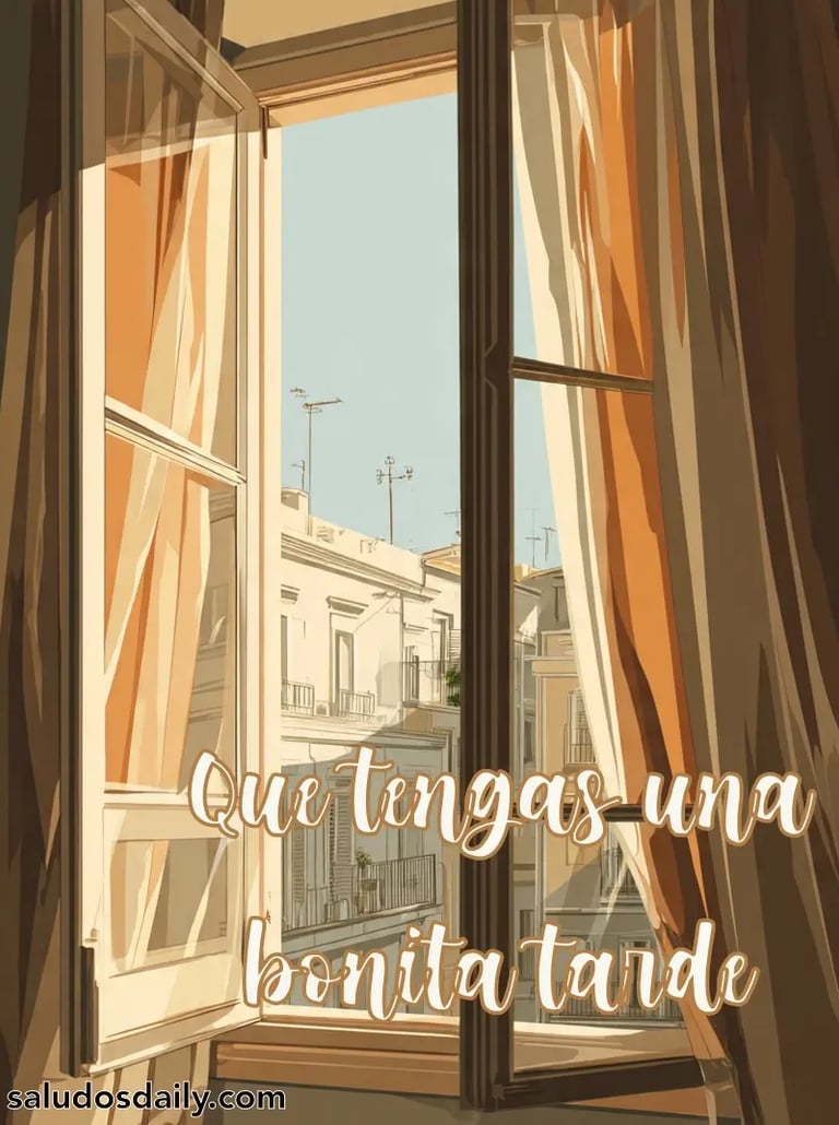Ilustración de una ventana abierta con cortinas moviéndose lentamente por la brisa, vista a calle