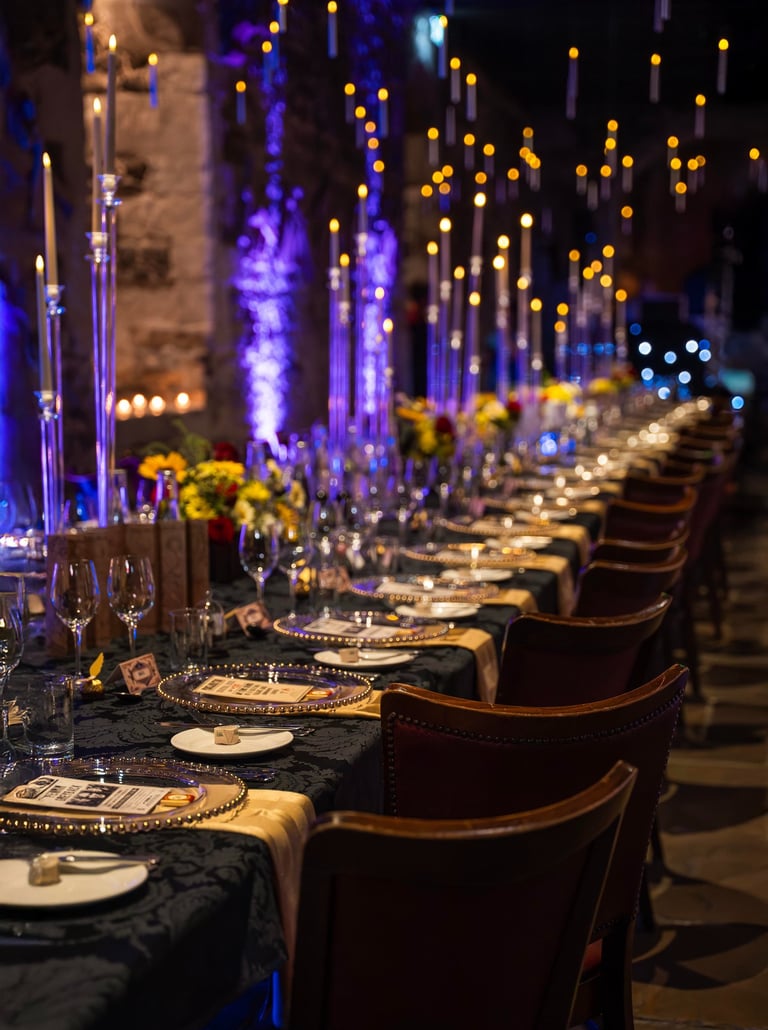 Close-up of luxury dinner table setup with candles and flowers, Fred Art Studio.