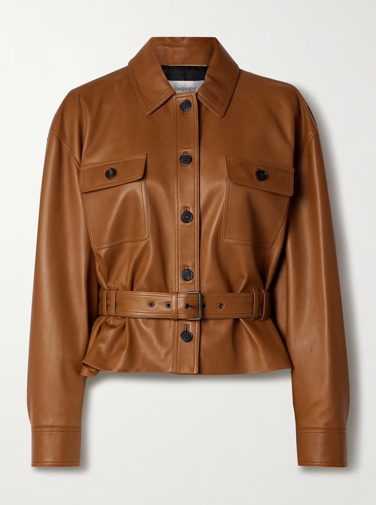 Luxury brown leather belted jacket with button pockets – timeless designer outerwear.