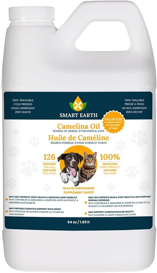 Smart Earth Camelina Oil omega-3 supplement for dogs and cats in a large 64 oz value size bottle.