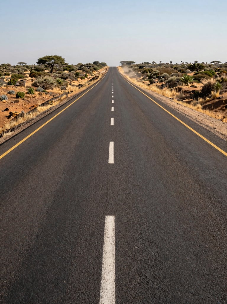 Wide panoramic view of a newly completed tarmac highway cutting through Kenyan savannah scrubland, road markings sharp, horizon stretching far right under strong midday sun, dust visible at the road shoulder, no people