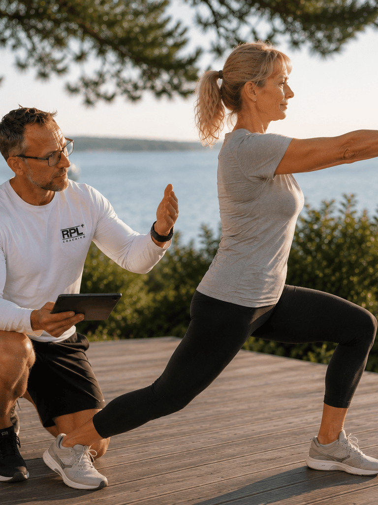 Coach RPL Plus en évaluation de mobilité avec sa cliente au bord de l'eau