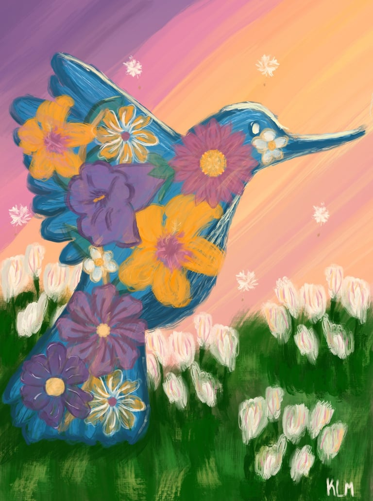 a painting of a hummingbird in a field with overlays of bright florals