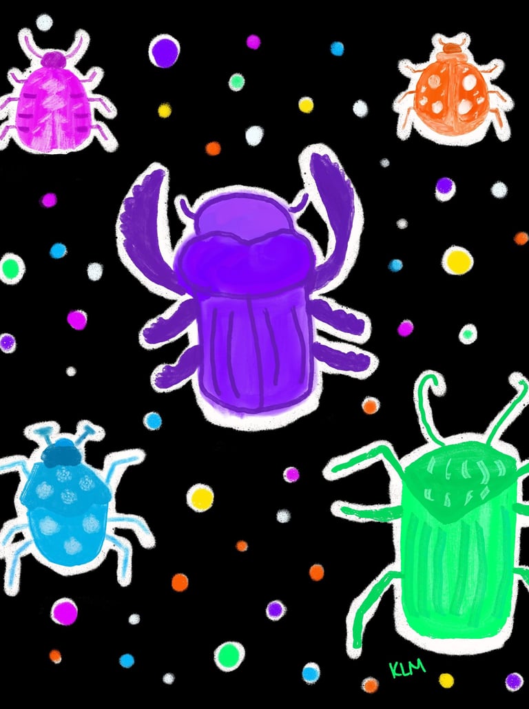 a group of neon beetles on a black background