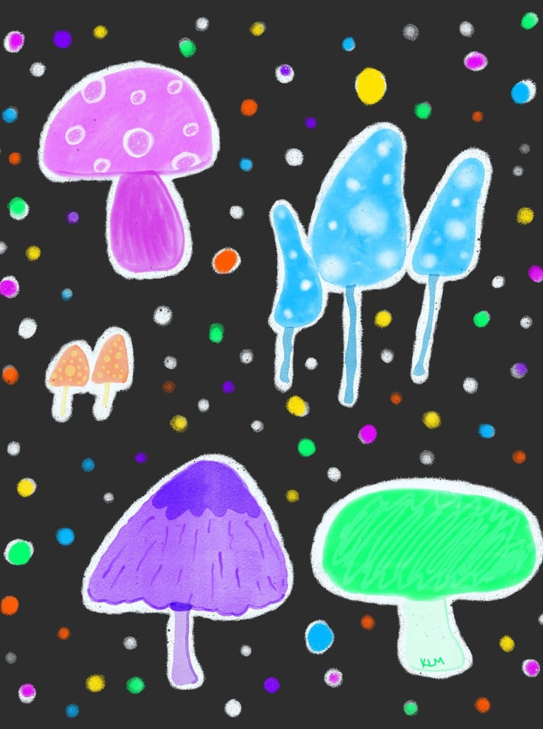 a group of watercolor neon mushrooms