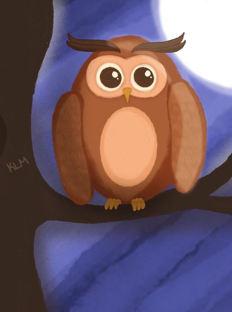 a cartoon owl sitting on a tree branch