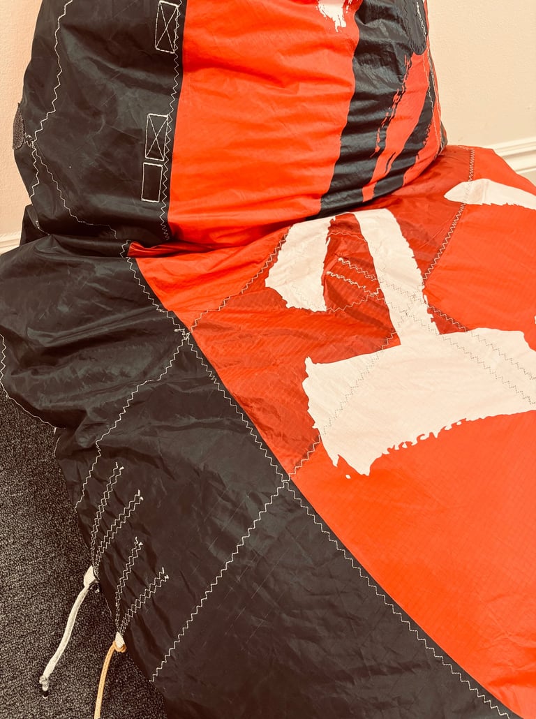 Upcycled kite bean bag made from recycled kitesurfing sail fabric in Florida