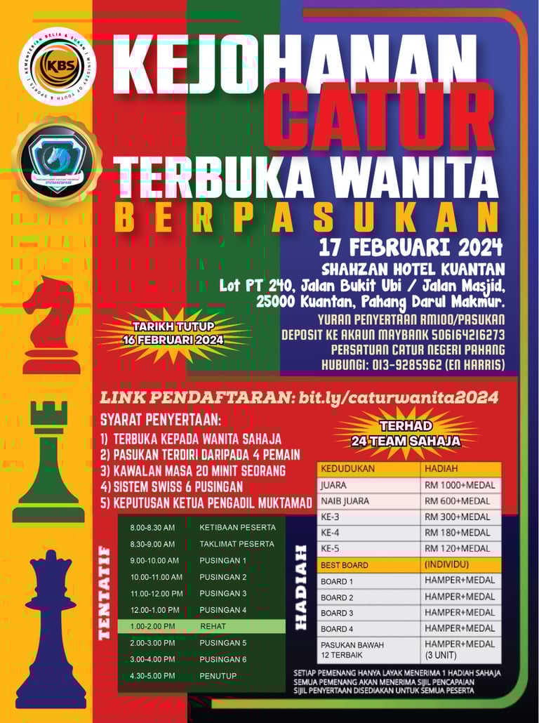 Malaysia Chess. Catur Malaysia. Pahang Chess. Kejohanan Catur Terbuka Wanita Berpasukan