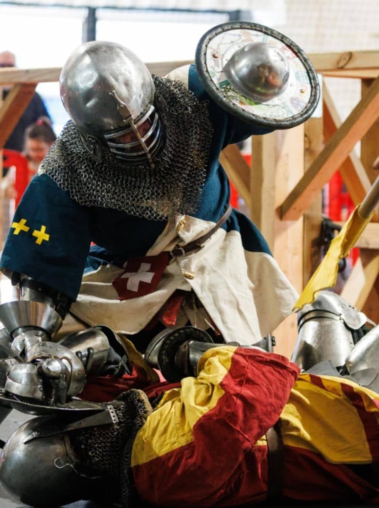 Combat de béhourd dont les adversaires portent des tabards à personnaliser