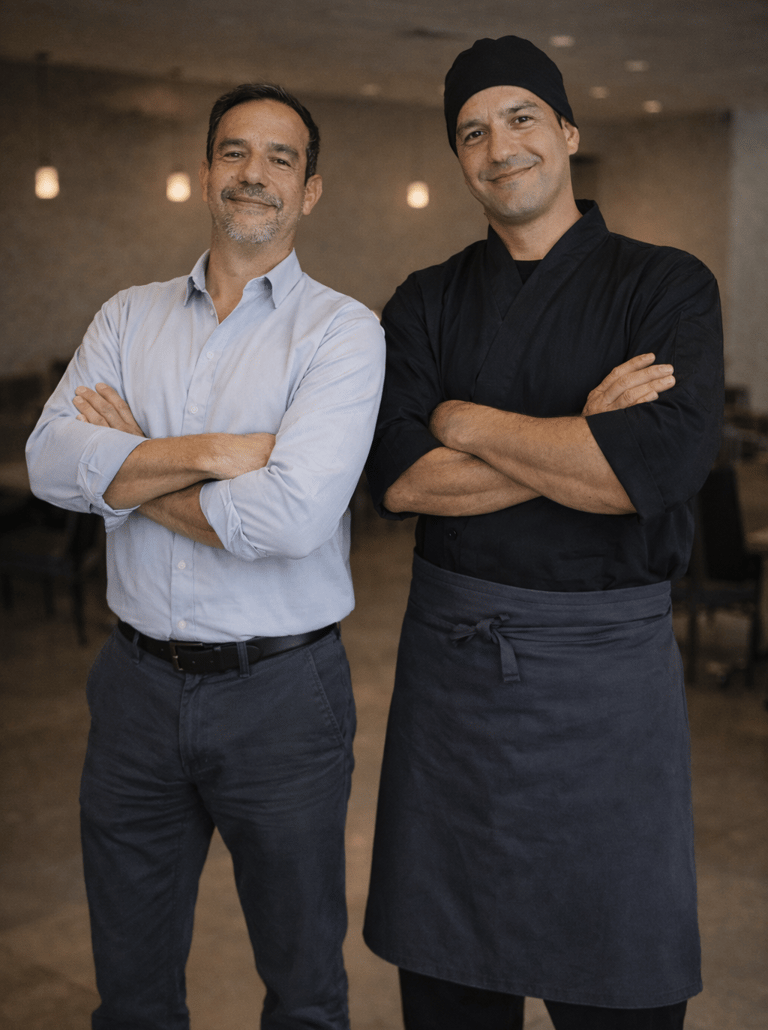 Chef Jairo e Fernando, sócios do Okone Campo Belo, posando sorrindo com braços cruzados no salão do restaurante.