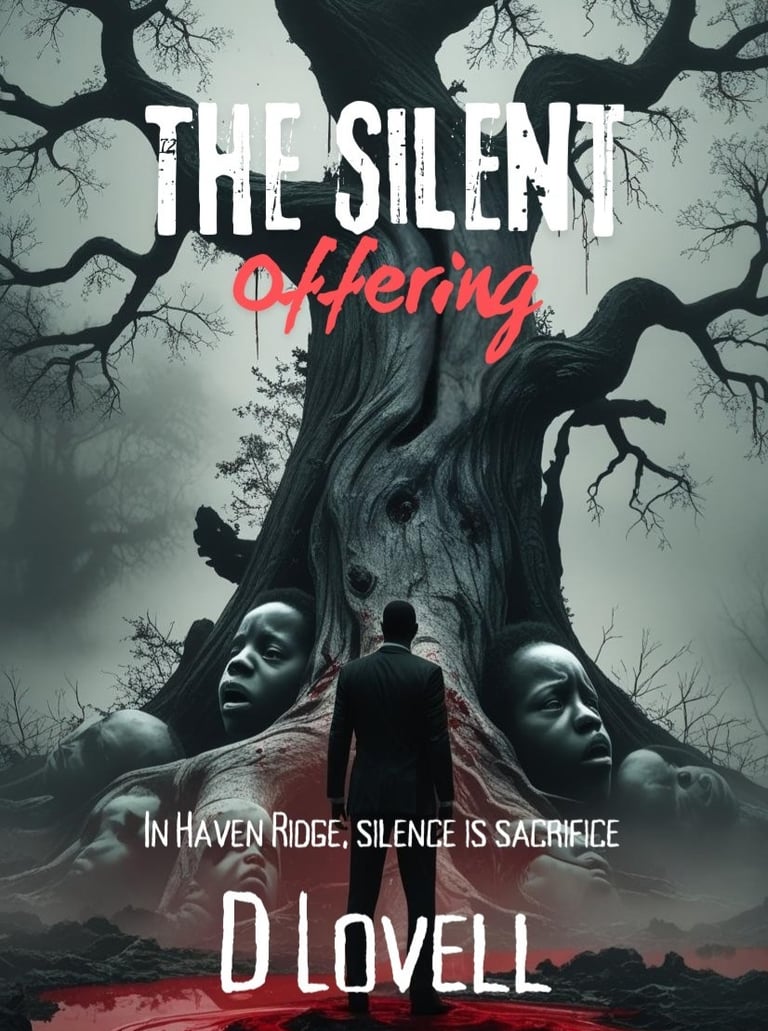 Horror book cover for The Silent Offering by D Lovell featuring a spooky tree with trapped faces.