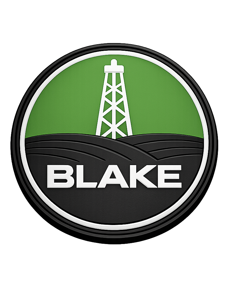 Blake circular logo featuring a white oil derrick tower icon over green hills.
