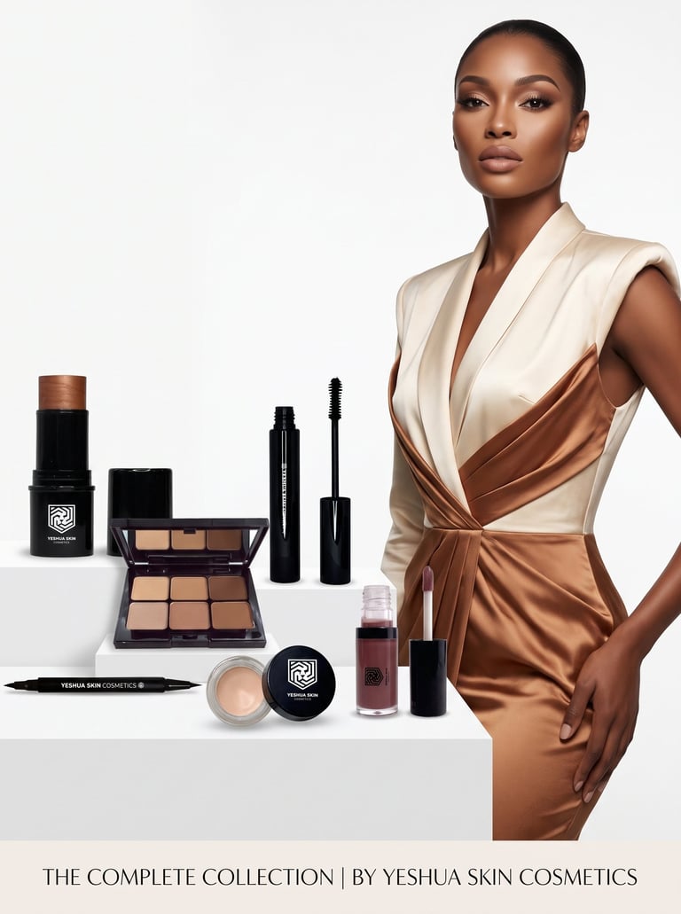 Elegant model posing with Yeshua Skin Cosmetics makeup collection including foundation and mascara.