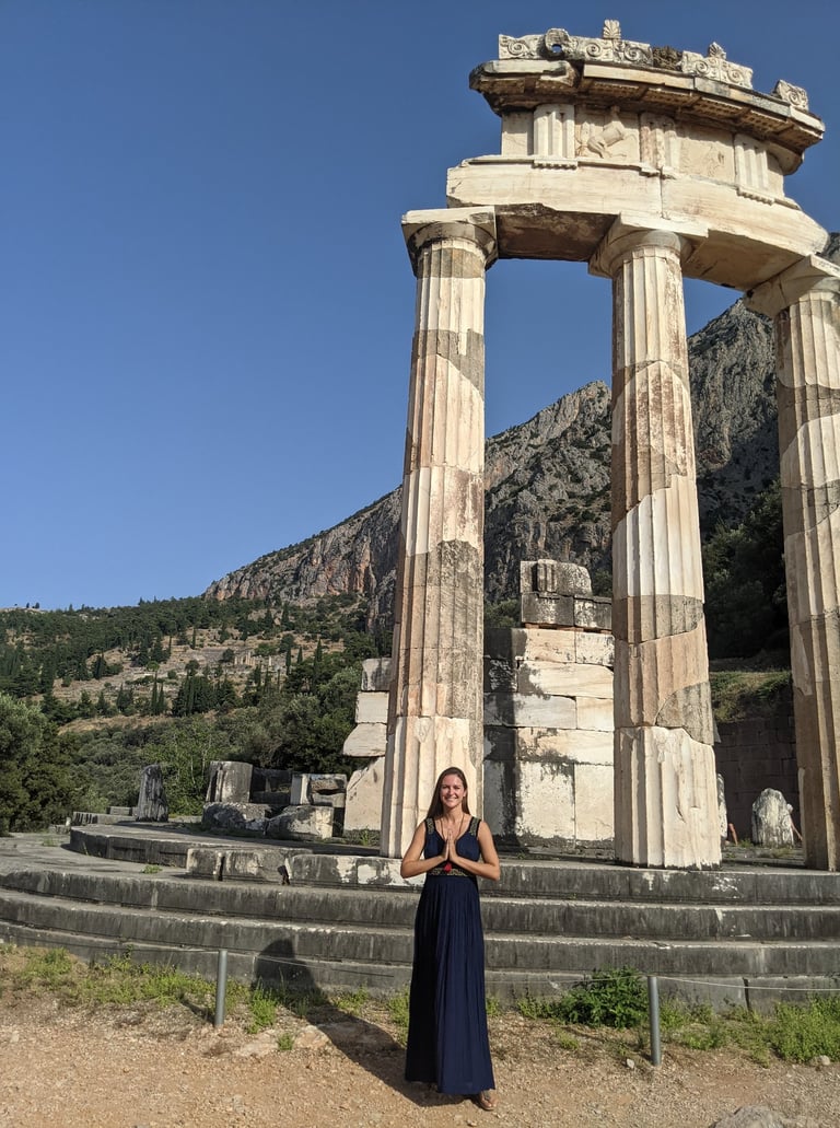 meditation in front of athena temple in delphi greece