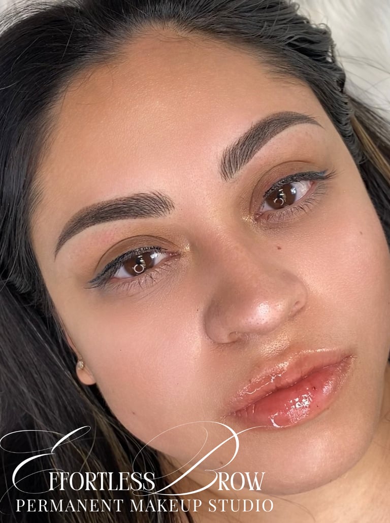 The initial result of a signature combo brow, providing texture and definition for a DFW client.