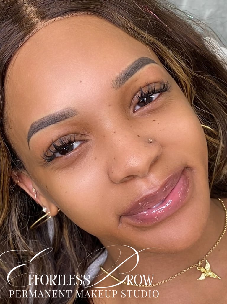 Stunning transformation with freshly done ombre powder brows, providing a full and polished look.