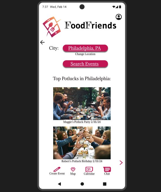 Screenshot of FoodFriends app homepage