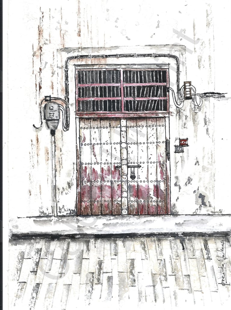 Detailed architectural ink and wash sketch of a rustic window with a decorative iron grate and weathered stone textures.