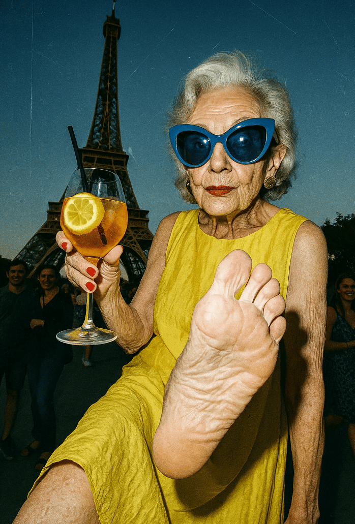 Une femme agée et stylée montre son pied pour la journée nationale de la santé du pied