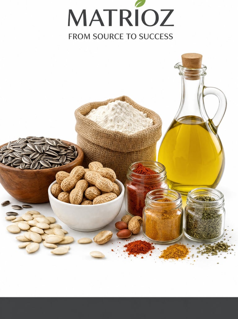Selection of healthy food ingredients including sunflower seeds, peanuts, flour, olive oil, and spices.