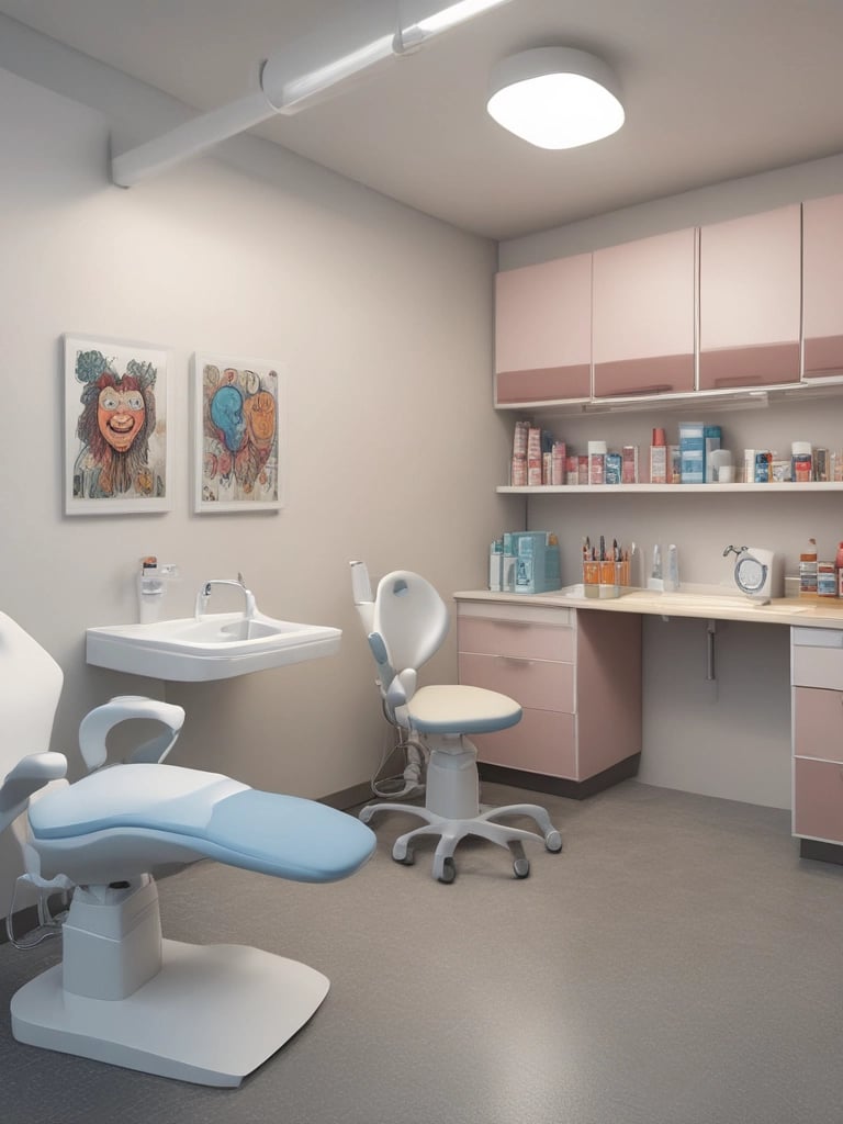 A friendly pediatric dentist smiling while gently examining a young child's teeth in a bright, welcoming dental office.