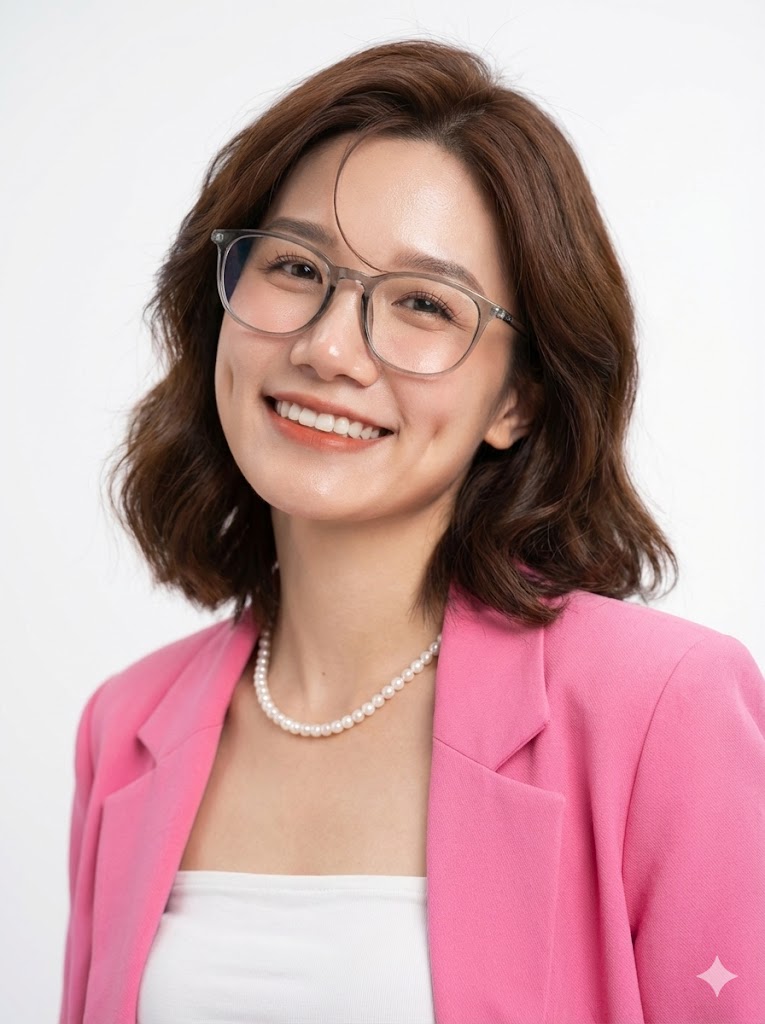 Smiling woman with short brown hair wearing clear glasses, a pink blazer, and a pearl necklace.
