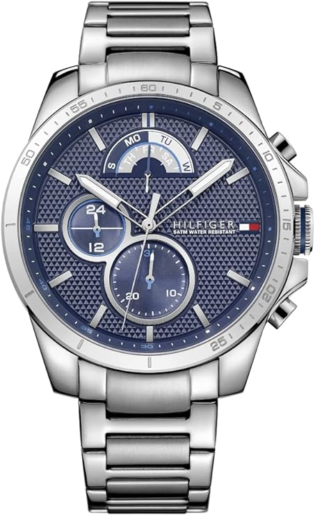 Tommy Hilfiger men's stainless steel watch with blue textured dial and chronograph sub-dials.