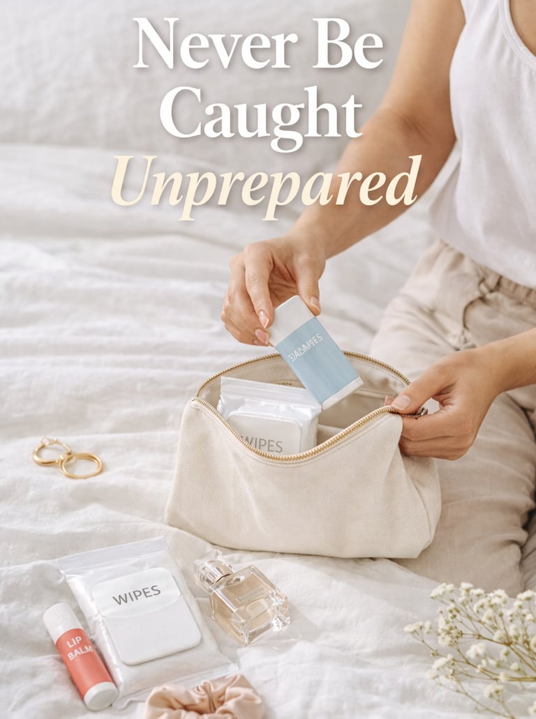 Woman packing a canvas travel cosmetic bag with toiletries, lip balm, and wipes on a white bed.