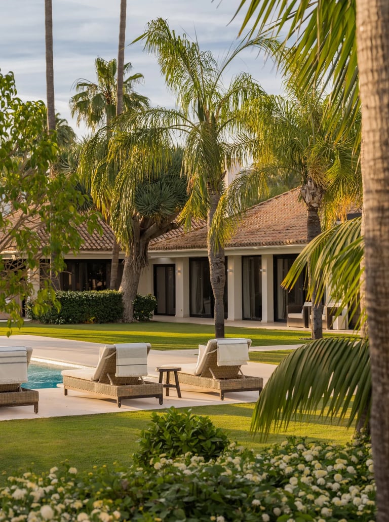 Pool terrace framed by palm trees and greenery