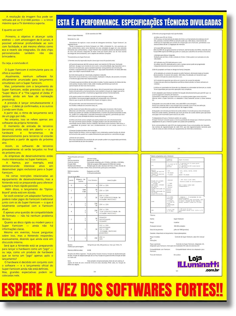 Revista Famicom Hissyoubon Magazine edição de 16/12/1988 com 4 pág especificações console à Imprensa