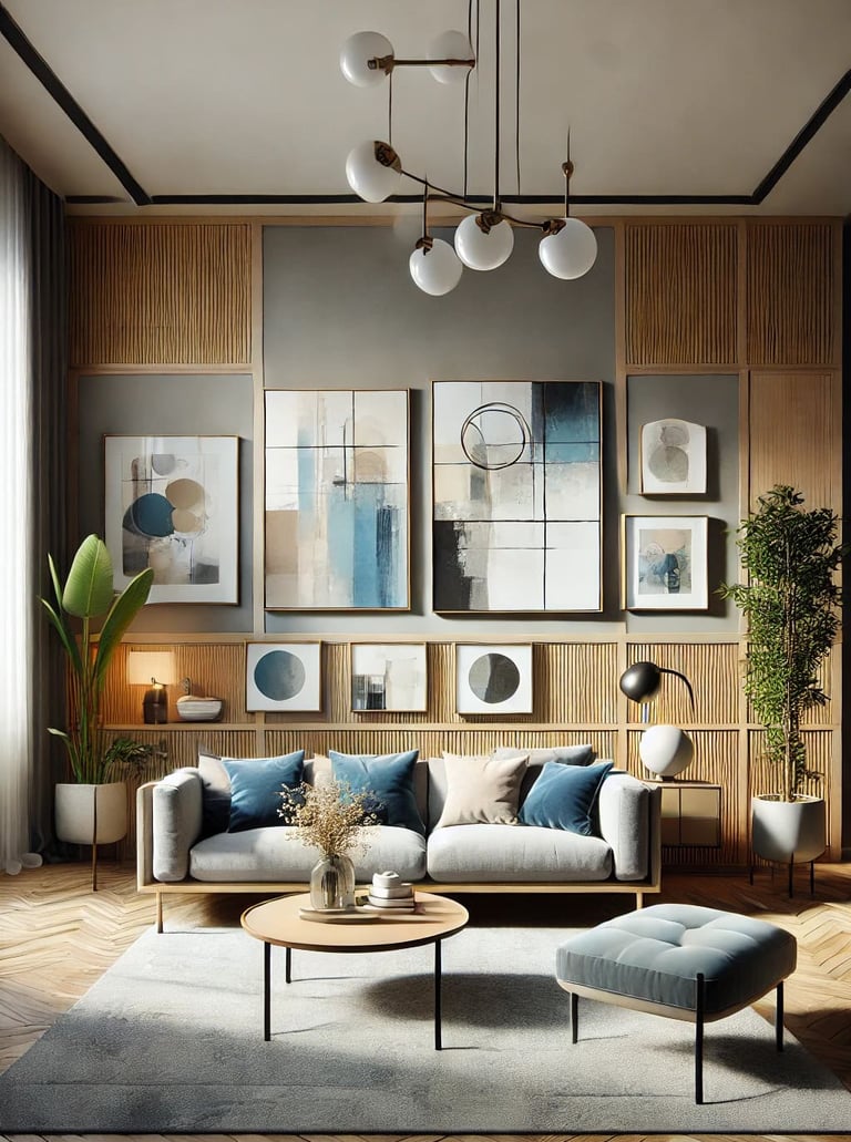 Sala de estar moderna com decoração artística, quadros abstratos em tons de azul e cinza na parede