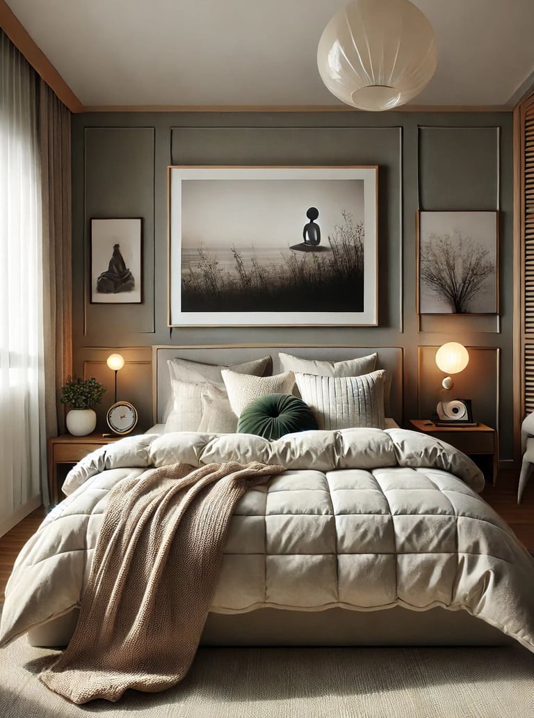 Quarto decorado com fotografias suaves acima da cama, colchas brancas, almofadas neutras.