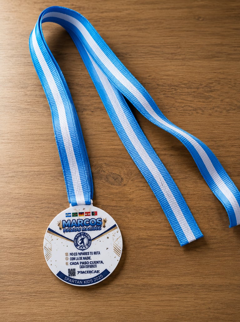 Medallas plásticas personalizadas para eventos deportivos, empresas y acreditaciones institucionales con cinta sublimada.