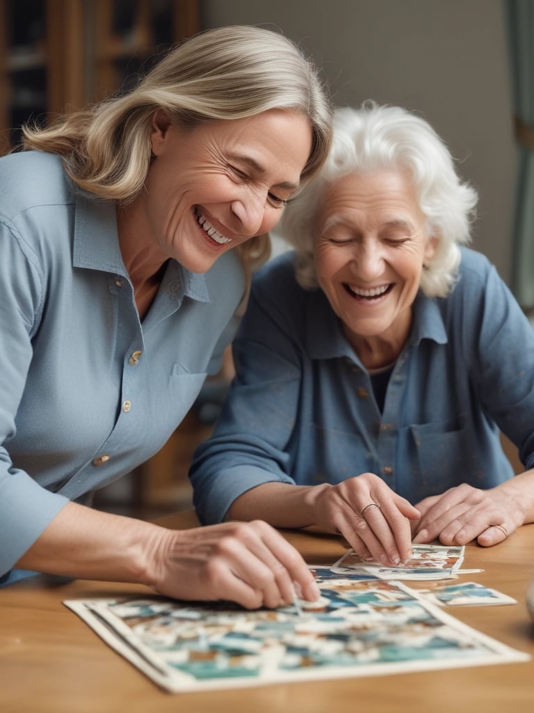 Mujeres divirtiéndose haciendo un puzle juntas