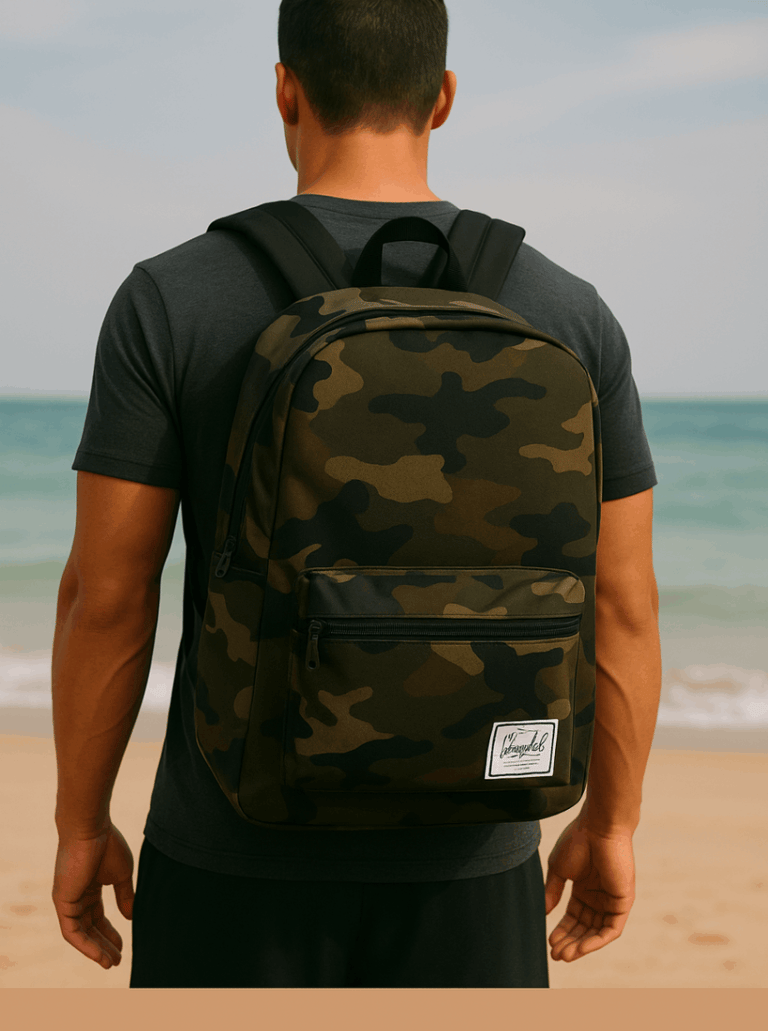 Rick Silvia wearing a camo Herschel backpack on a Thai Beach