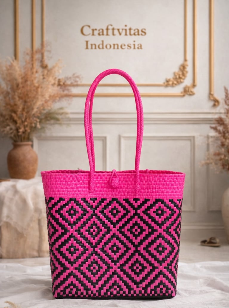 Tas anyaman plastik handmade warna pink hitam dengan motif geometris etnik dari Craftvitas Indonesia